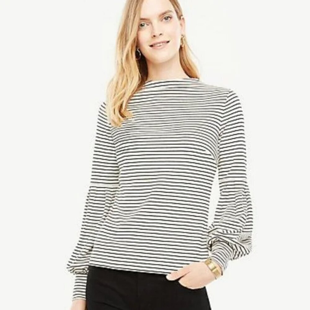 Ann Taylor Size Medium Black & White Striped Mock Neck Lantern Sleeve Top Preppy
